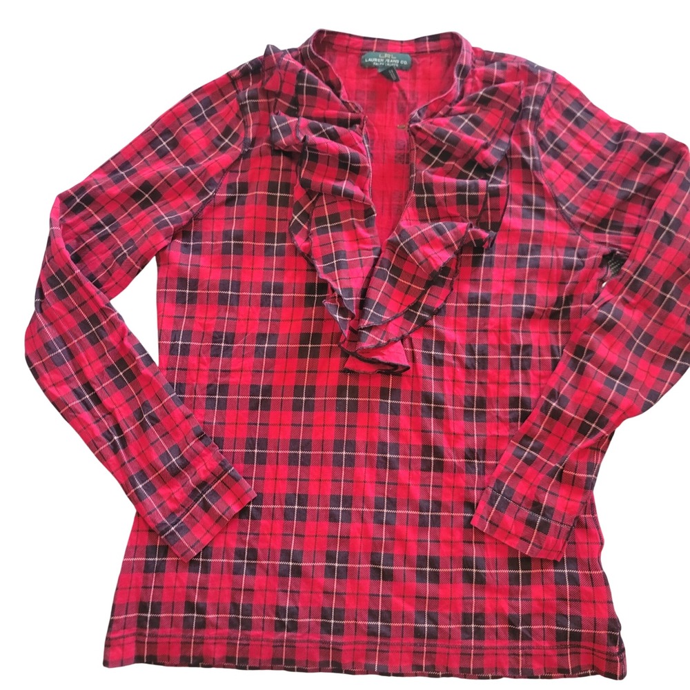 LRL Ralph Lauren Plaid Ruffle Neck Long Sleeve Shirt‎ Women's M Red Black
